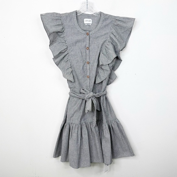 SAYLOR | Melody Ruffle Striped Belted Black and White Mini Dress Sz. Medium - Picture 3 of 5